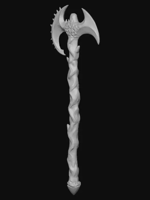 3D model for Une houe de style démoniaque, pixelisée en 32x32, forgée à partir d'un minerai sombre et robuste, évoquant de l'obsidienne ou de la netherite noircie. Sa lame présente des arêtes vives et irrégulières, comme des crocs affûtés, parsemées de petites excroissances angulaires. Le manche est tordu et gnarled, avec une texture rugueuse et bosselée, comme du bois calciné ou des os fusionnés. Les couleurs prédominantes sont le noir profond, le rouge sang et des touches de orange ardent qui semblent émaner de l'intérieur, donnant l'impression d'une chaleur infernale et d'une surface piquante.