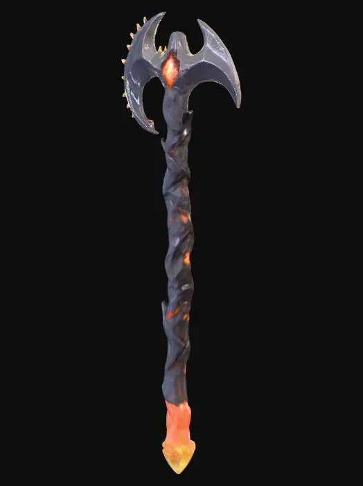 3D model for Une houe de style démoniaque, pixelisée en 32x32, forgée à partir d'un minerai sombre et robuste, évoquant de l'obsidienne ou de la netherite noircie. Sa lame présente des arêtes vives et irrégulières, comme des crocs affûtés, parsemées de petites excroissances angulaires. Le manche est tordu et gnarled, avec une texture rugueuse et bosselée, comme du bois calciné ou des os fusionnés. Les couleurs prédominantes sont le noir profond, le rouge sang et des touches de orange ardent qui semblent émaner de l'intérieur, donnant l'impression d'une chaleur infernale et d'une surface piquante.