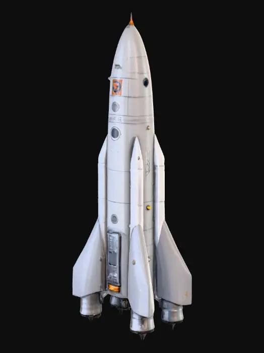 3D model for "Highly detailed 3D model of a futuristic space rocket, optimized for real-time rendering and game engines. Sleek aerodynamic design with metallic body, realistic textures (aluminum, steel, carbon fiber), visible panels, bolts, and heat shielding. Add glowing thrusters with emissive materials, detailed engine nozzles, and small decals for realism (warning signs, numbers, mission logo). Include high-poly details but keep topology clean and optimized for animation. The rocket should look ready for launch, with both realistic NASA-style and slightly sci-fi elements. Realistic PBR materials, correct UV mapping, sharp edges, and smooth shading.
