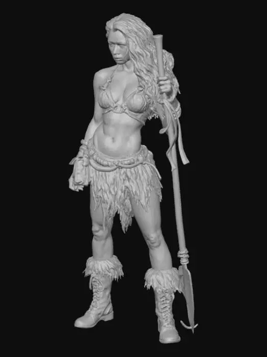 3D model for A strong, athletic female Tarzan standing confidently in a dynamic pose, with a blank white background. She has toned muscles, tanned skin, and long, wild hair tied back loosely. She wears a simple, rugged outfit made of animal hides, with a leather belt holding a small pouch and a vine rope coiled at her side. Her expression is fierce yet curious, with sharp eyes and a determined look. She holds a wooden spear in one hand