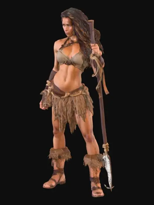 3D model for A strong, athletic female Tarzan standing confidently in a dynamic pose, with a blank white background. She has toned muscles, tanned skin, and long, wild hair tied back loosely. She wears a simple, rugged outfit made of animal hides, with a leather belt holding a small pouch and a vine rope coiled at her side. Her expression is fierce yet curious, with sharp eyes and a determined look. She holds a wooden spear in one hand