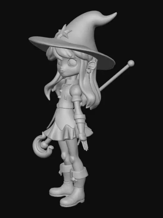 3D model for an animated character, a blonde-haired, green-eyed young woman in a blue and pink magical girl outfit. Her costume is highly revealing, featuring a low-cut top that exposes significant cleavage and a short skirt that barely covers her hips, emphasizing her figure. She wears a large, pointed hat with pink accents, a star emblem on her chest, and holds a golden staff with a circular design. Pink ribbons and a flowing skirt add movement, while blue boots and arm guards complete her look.