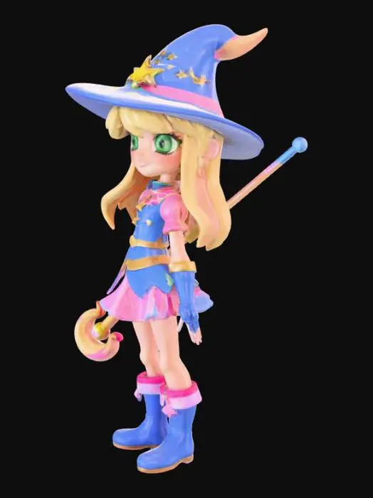 3D model for an animated character, a blonde-haired, green-eyed young woman in a blue and pink magical girl outfit. Her costume is highly revealing, featuring a low-cut top that exposes significant cleavage and a short skirt that barely covers her hips, emphasizing her figure. She wears a large, pointed hat with pink accents, a star emblem on her chest, and holds a golden staff with a circular design. Pink ribbons and a flowing skirt add movement, while blue boots and arm guards complete her look.