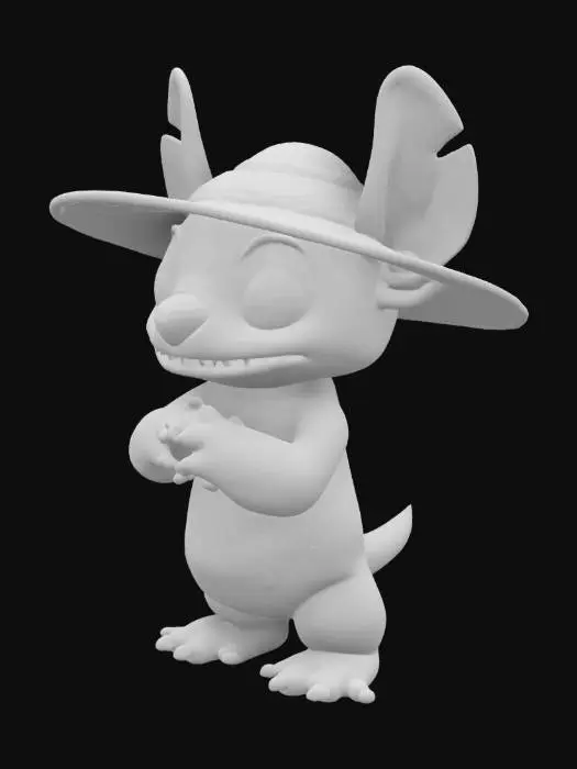 3D model for A digital illustration of a full-body Stitch character in Pixar animation style, wearing a farmer hat. Stitch stands in a relaxed pose, his arms slightly bent and his ears drooping playfully. The hat is a wide-brimmed straw hat with a brown band, and his green fur is textured with soft shading. The background is a clean, white canvas, emphasizing the simplicity and focus on Stitch's playful, whimsical character.