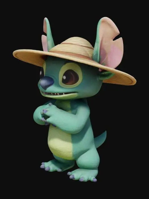 3D model for A digital illustration of a full-body Stitch character in Pixar animation style, wearing a farmer hat. Stitch stands in a relaxed pose, his arms slightly bent and his ears drooping playfully. The hat is a wide-brimmed straw hat with a brown band, and his green fur is textured with soft shading. The background is a clean, white canvas, emphasizing the simplicity and focus on Stitch's playful, whimsical character.