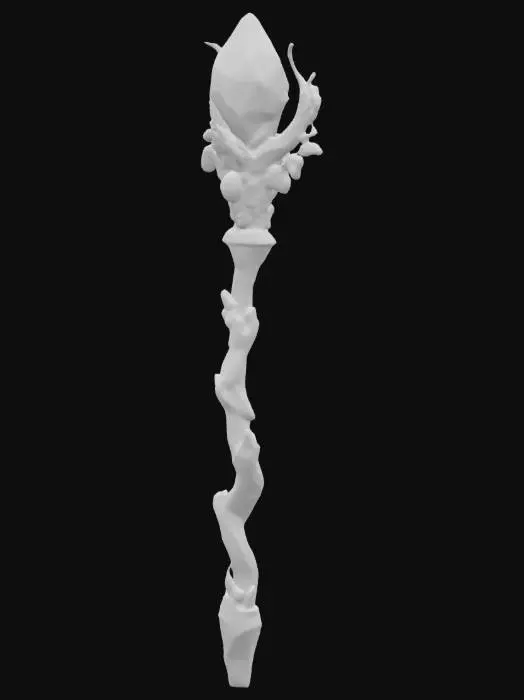 3D model for A dark intricate necromancer's staff.  It is made with a jaggad piece of wood with a large purple crystal at the top