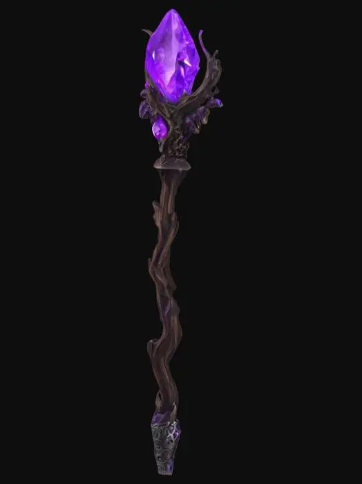3D model for A dark intricate necromancer's staff.  It is made with a jaggad piece of wood with a large purple crystal at the top