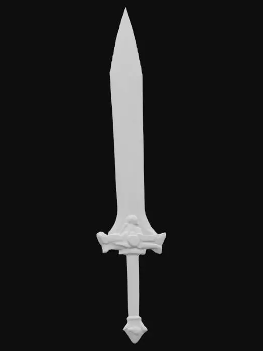 3D model for An ancient sword with a gold, ornate handle, and gems in the hilt.  It is long and symetrical and has runes inscribed in the blade.  It is a shining silver