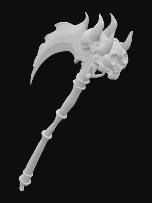 3D model for intricate demonic scyth, skulls with emeralds in the eyes decorate the handle.  The handle is made of bone but the blade is metal.  