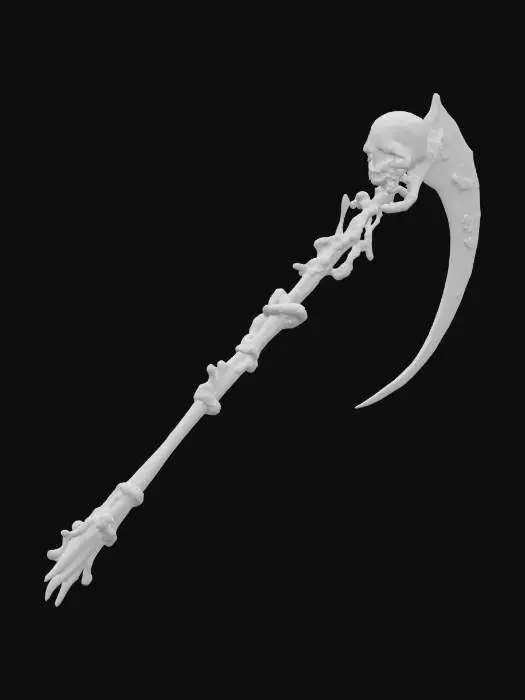 3D model for intricate demonic scyth, skulls with emeralds in the eyes decorate the handle.  The handle is made of bone but the blade is metal.  