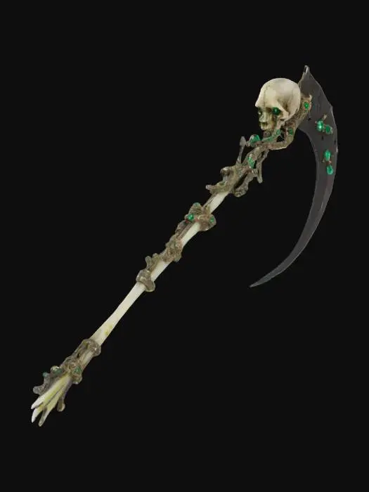 3D model for intricate demonic scyth, skulls with emeralds in the eyes decorate the handle.  The handle is made of bone but the blade is metal.  