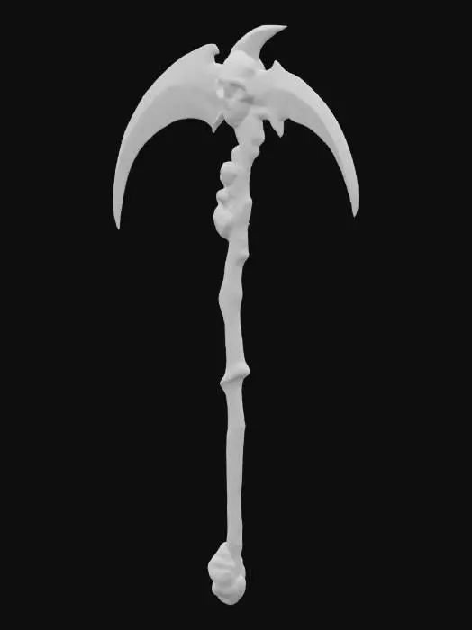 3D model for intricate demonic scyth, skulls with emeralds in the eyes decorate the handle.  The handle is made of bone but the blade is metal.  