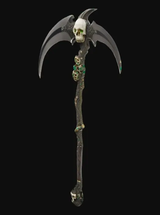 3D model for intricate demonic scyth, skulls with emeralds in the eyes decorate the handle.  The handle is made of bone but the blade is metal.  