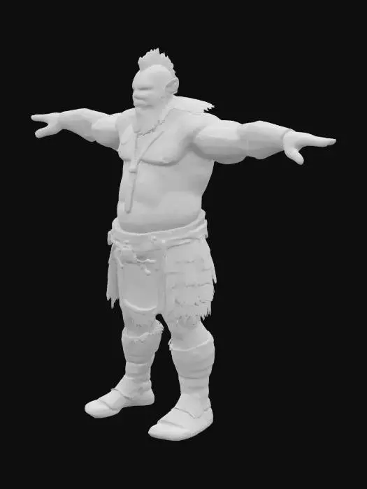 3D model for A strong, handsome, fantasy orc barbarian man.  Scantily clad in leather armor with mostly skin showing.  Very muscular, green skin and a punk rock hairstyle.  Tusks coming from his mouth.  Arms and legs extended in a t pose