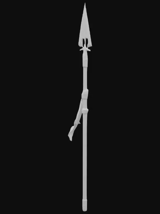 3D model for warrior's spear, ornate with a sharp tip.  There's a triangular flag coming from the top.  It is wrapped with cloth and has metal fittings
