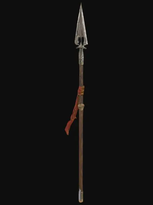3D model for warrior's spear, ornate with a sharp tip.  There's a triangular flag coming from the top.  It is wrapped with cloth and has metal fittings