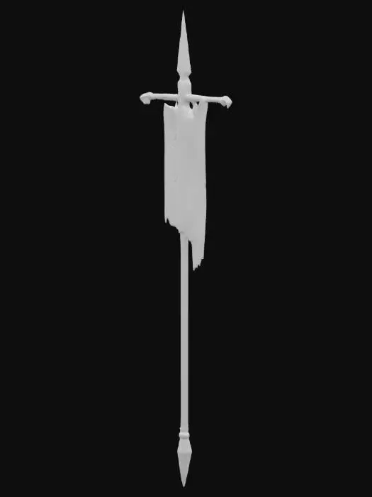 3D model for warrior's spear, ornate with a sharp tip.  There's a triangular flag coming from the top.  It is wrapped with cloth and has metal fittings