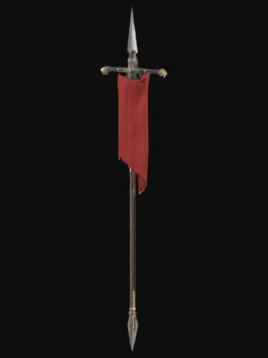 3D model for warrior's spear, ornate with a sharp tip.  There's a triangular flag coming from the top.  It is wrapped with cloth and has metal fittings