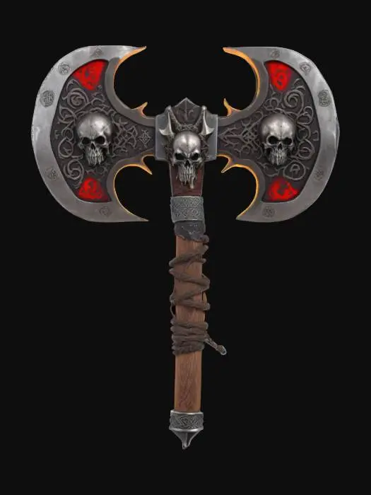 3D model for Fantasy barbarian's axe.  Decorated with skulls and demonic runes.  