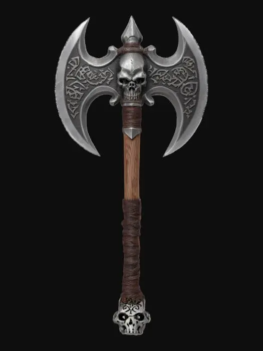 3D model for Fantasy barbarian's axe.  Decorated with skulls and demonic runes.  