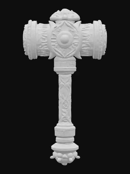 3D model for A large ornate Warhammer of a paladin worshiping a thunder god.  
The hammer is decorated with sapphires and diamonds and has the image of the god's face for decoration