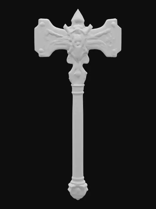 3D model for A large ornate Warhammer of a paladin worshiping a thunder god.  
The hammer is decorated with sapphires and diamonds and has the image of the god's face for decoration