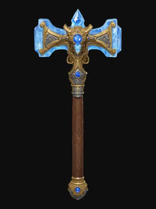 3D model for A large ornate Warhammer of a paladin worshiping a thunder god.  
The hammer is decorated with sapphires and diamonds and has the image of the god's face for decoration