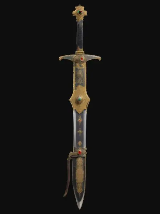 3D model for A large zweihander type weapon with leader straps and gold and jewel ornaments.  