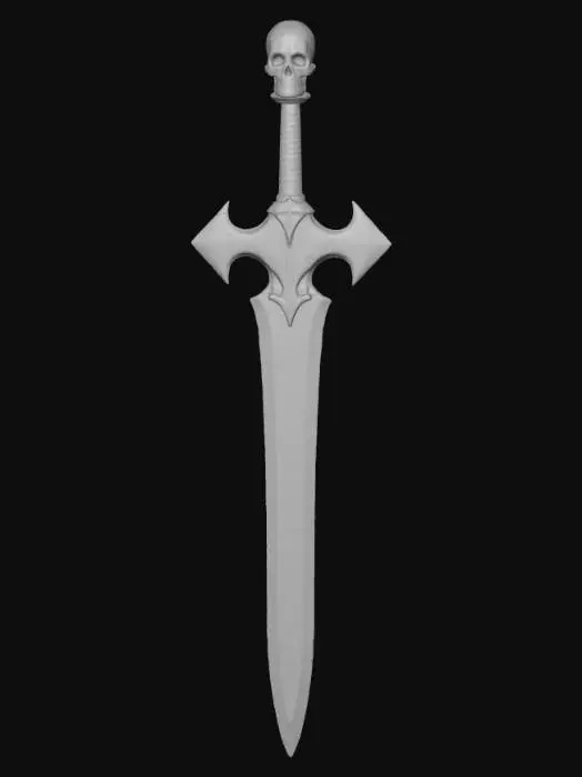 3D model for large barbarian sword with diamond shaped cross guard with rubies in the center of them.  At the bottom of the hilt a skull