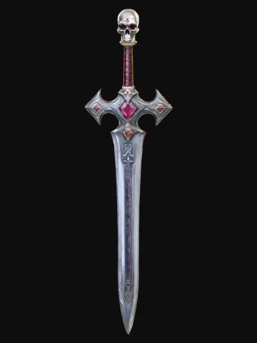 3D model for large barbarian sword with diamond shaped cross guard with rubies in the center of them.  At the bottom of the hilt a skull