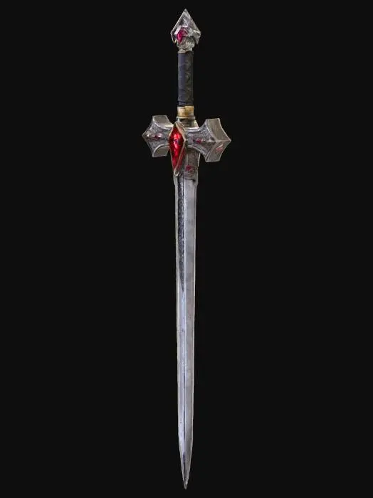 3D model for large barbarian sword with diamond shaped cross guard with rubies in the center of them.  At the bottom of the hilt a skull.   A long straight blade, ancient norse runes in the center of the blade, cloth covering the handle