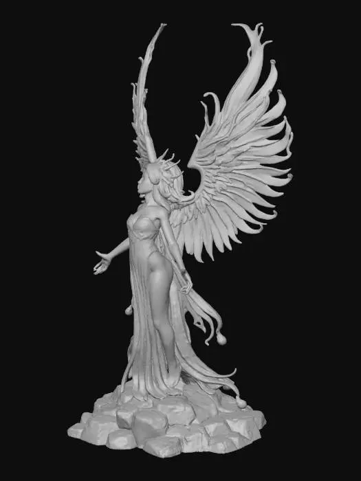 3D model for 3D printable statue of a goddess rising as a phoenix incarnate.  
Design: female figure with enormous flaming wings, arms raised summoning fire, body wrapped in flowing flame-textured robes.  
Details: translucent flame effect option, glowing runes on base, hair flowing upward with fire.  
Base: cracked volcanic stone with molten lines.  
Output: STL + OBJ, modular parts (wings, base, body).  
Style: high-fantasy showpiece, resin-printer optimized for painting.