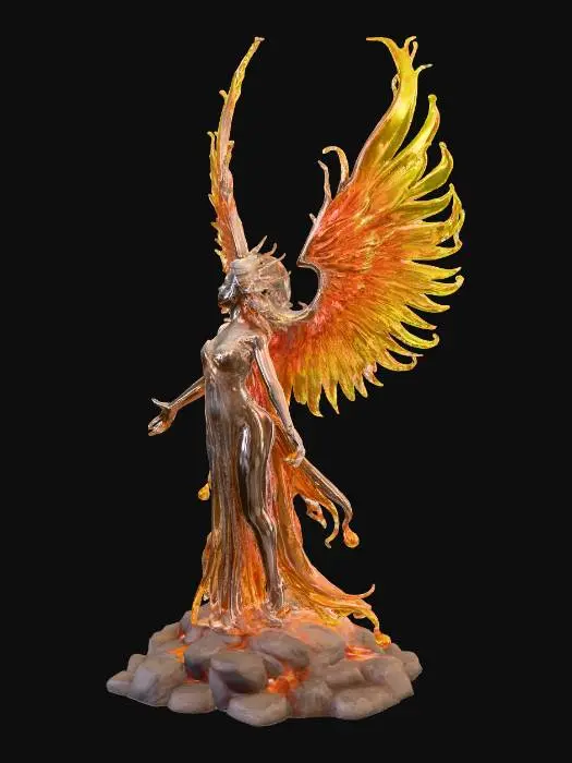 3D model for 3D printable statue of a goddess rising as a phoenix incarnate.  
Design: female figure with enormous flaming wings, arms raised summoning fire, body wrapped in flowing flame-textured robes.  
Details: translucent flame effect option, glowing runes on base, hair flowing upward with fire.  
Base: cracked volcanic stone with molten lines.  
Output: STL + OBJ, modular parts (wings, base, body).  
Style: high-fantasy showpiece, resin-printer optimized for painting.