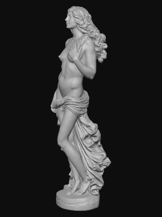 3D model for Aphrodite statue inspired by Botticelli’s Birth of Venus. 
Pose: standing on seashell base, long flowing hair, elegant feminine body. 
Style: mythological goddess collectible figure, artistic sculpt. 
Output: STL + OBJ, manifold, printable large-scale statue.