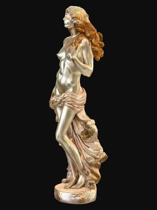 3D model for Aphrodite statue inspired by Botticelli’s Birth of Venus. 
Pose: standing on seashell base, long flowing hair, elegant feminine body. 
Style: mythological goddess collectible figure, artistic sculpt. 
Output: STL + OBJ, manifold, printable large-scale statue.