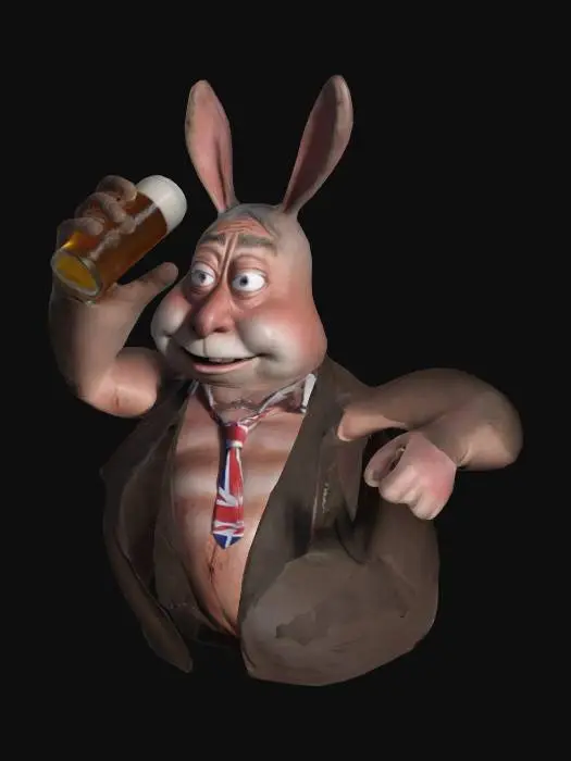 3D model for Nigel Farage in a big chungus constume A pose T pose and all that shit. HYPER!!!REALISTIC HE HAS BLOOD IN HIS EYES. Give him a beer in each hand to I think he would like that not that he deserves to be happy. He is standing on the flaming remains of a Weatherspoons.