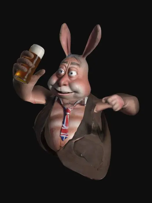 3D model for Nigel Farage in a big chungus constume A pose T pose and all that shit. HYPER!!!REALISTIC HE HAS BLOOD IN HIS EYES. Give him a beer in each hand to I think he would like that not that he deserves to be happy. He is standing on the flaming remains of a Weatherspoons.