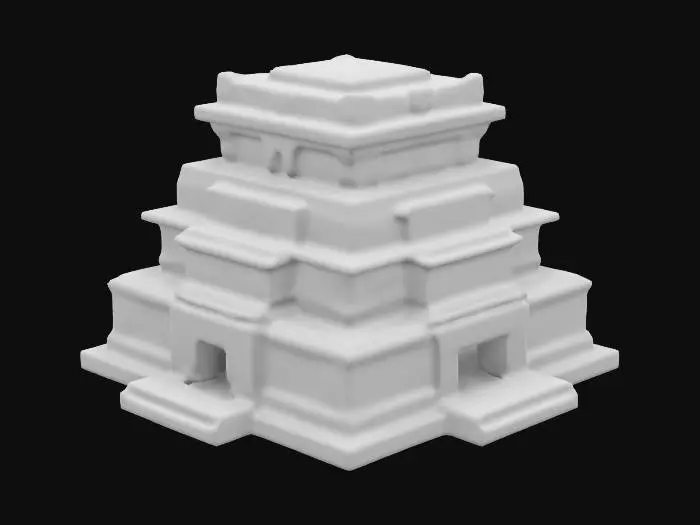 3D model for prastarý zikkurat, po stěnách znázornění zvířat. 