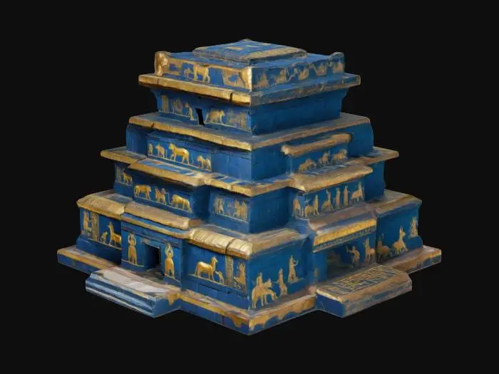 3D model for prastarý zikkurat, po stěnách znázornění zvířat. 