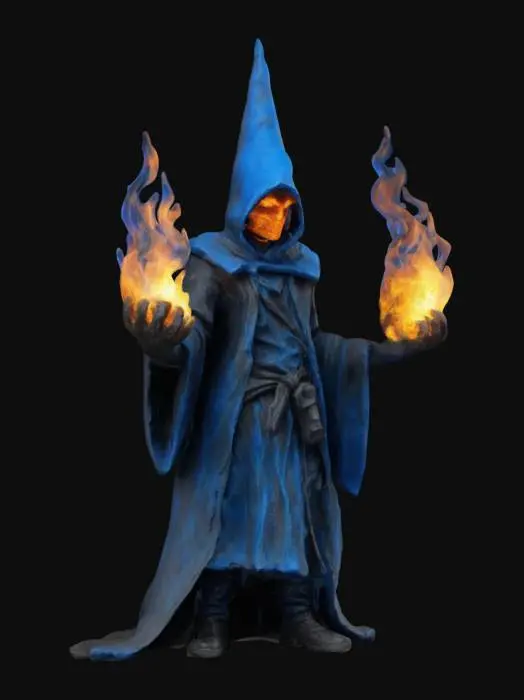 3D model for Blaznivý magický pyroman s modrým kloboukem a ohořelým pláštěm , #game figure# for rpg style game