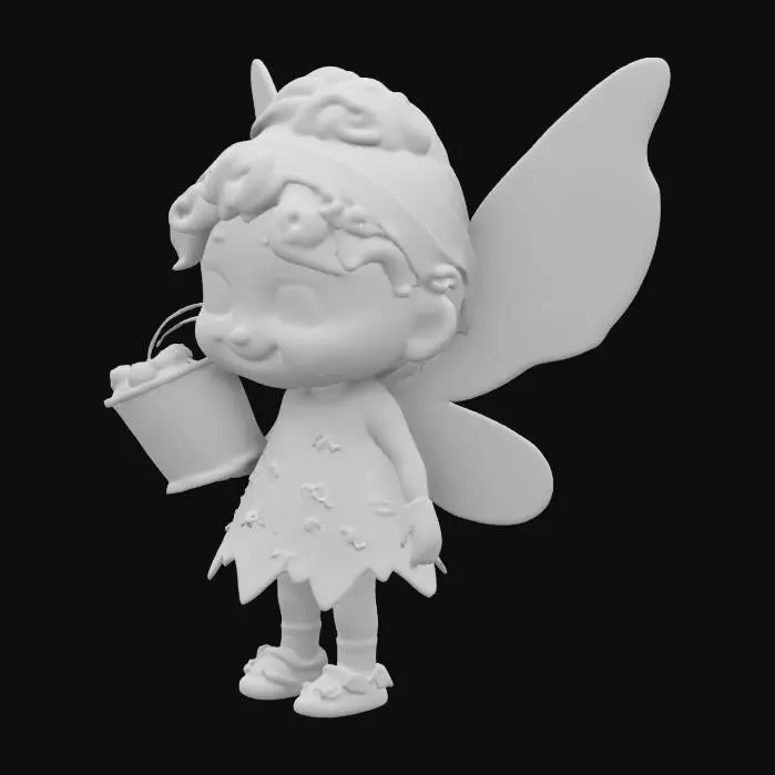 3D model for little lazy #fairy# with big wings, green dress and popcorn in hand