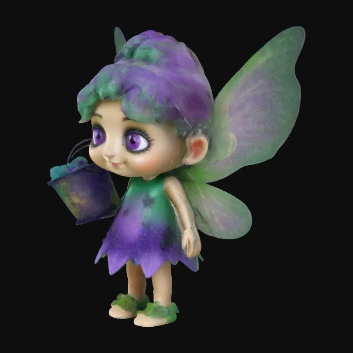 3D model for little lazy #fairy# with big wings, green dress and popcorn in hand