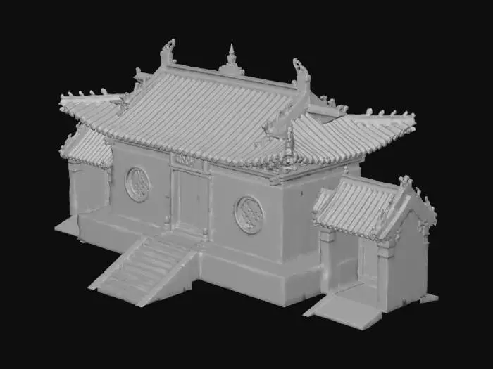 3D model for 一座宏伟的中国古典建筑，采用写实风格，结构精巧，色彩略显鲜艳。其主体为朱红色漆柱与梁架，饰以金色勾勒的精美彩绘，呈现出华丽的视觉效果。屋顶铺设琉璃瓦，瓦面光洁，呈亮眼的明黄色与碧绿色交织，飞檐翘角处雕饰细致。建筑基座由厚重青石砌筑，表面可见自然的石材纹理。整体造型庄重典雅，细节丰富，展现出独特的东方美学。