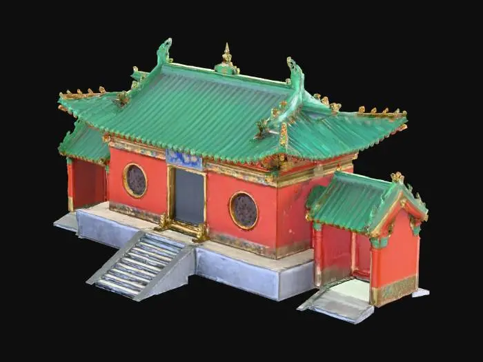3D model for 一座宏伟的中国古典建筑，采用写实风格，结构精巧，色彩略显鲜艳。其主体为朱红色漆柱与梁架，饰以金色勾勒的精美彩绘，呈现出华丽的视觉效果。屋顶铺设琉璃瓦，瓦面光洁，呈亮眼的明黄色与碧绿色交织，飞檐翘角处雕饰细致。建筑基座由厚重青石砌筑，表面可见自然的石材纹理。整体造型庄重典雅，细节丰富，展现出独特的东方美学。