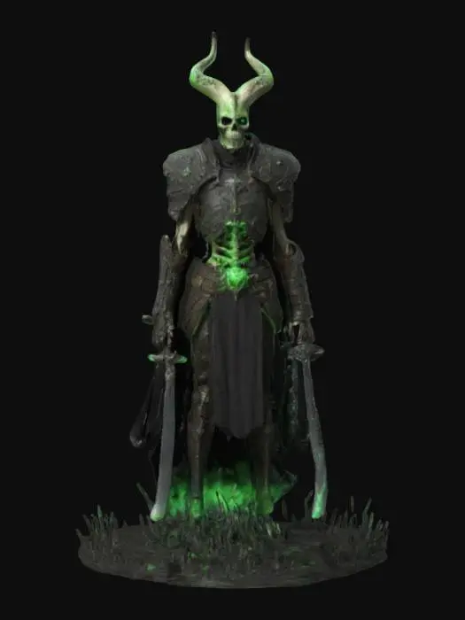 3D model for He has the devil's tentacles on his head，The Mask of the Skull，Eyes glowing green，A Lich King's longsword at his waist，Broken cloaks and weathered armour，Surrounded by a dark black substance，#Diablo4 style# clan crown on head, extremely details, high resolution texture, epic stance, #human skeleton#
