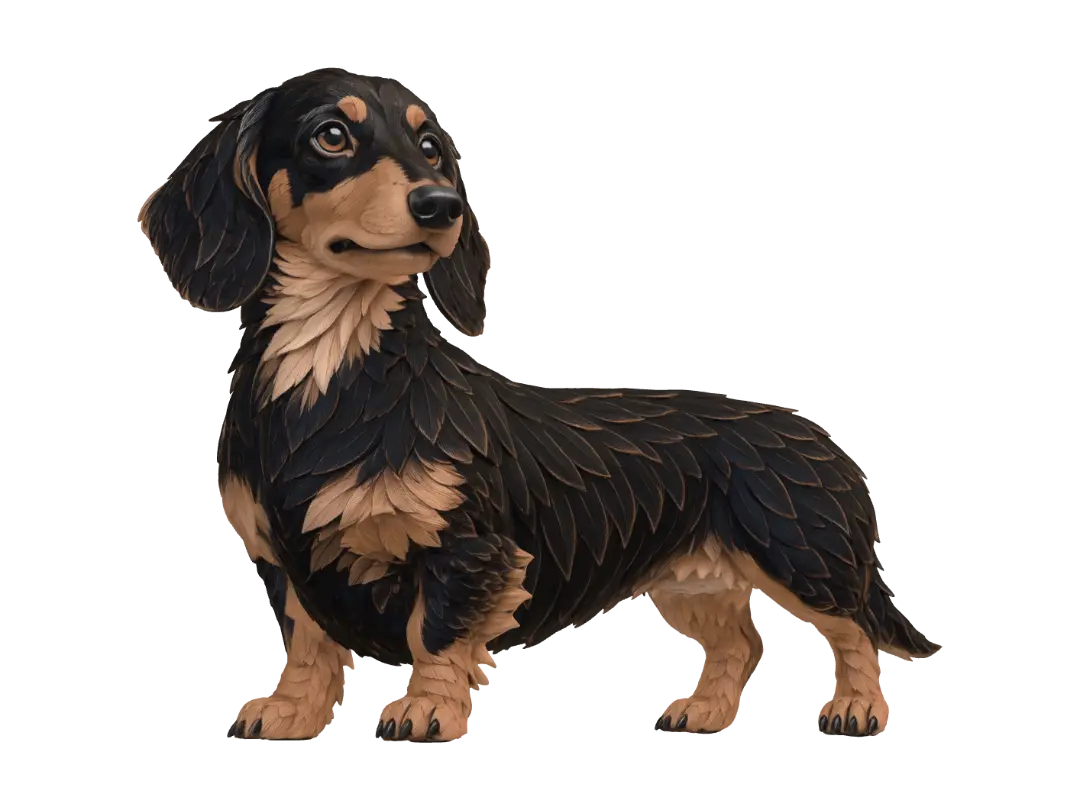 Feathered Dachshund 3D model, vytvořený pomocí AI