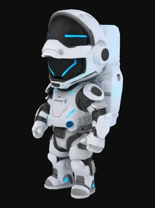 3D model for A chibi-style futuristic astronaut in a detailed white armor spacesuit with glowing neon blue highlights. The suit features segmented plating, small limbs, and an oversized head with a sleek, glossy black visor. The visor has stylized glowing blue eye slits, giving the character a cute yet high-tech look. The design is sci-fi inspired, ideal for a character from the year 3000 exploring alien planets.