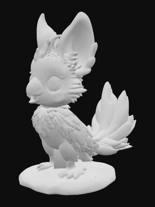 3D model for A cute collectible figure blending a macaw parrot and a fennec fox. Oversized round macaw head with a curved yellow beak, surrounded by ultra-soft cream fur from the fennec. Massive fennec fox ears, slightly angled, lined with feather-like ridges. Deep glossy turquoise eyes. Body squat and feathery, tail long and fanned out like a macaw’s, with blue-green gradient feathers tipped in sunny yellow. Paws are small and cream-colored with tiny talon-like claws. Standing proudly with chest puffed and tail curling around the feet. Base is sandy desert with a little sprig of cactus.