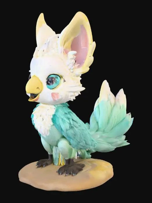 3D model for A cute collectible figure blending a macaw parrot and a fennec fox. Oversized round macaw head with a curved yellow beak, surrounded by ultra-soft cream fur from the fennec. Massive fennec fox ears, slightly angled, lined with feather-like ridges. Deep glossy turquoise eyes. Body squat and feathery, tail long and fanned out like a macaw’s, with blue-green gradient feathers tipped in sunny yellow. Paws are small and cream-colored with tiny talon-like claws. Standing proudly with chest puffed and tail curling around the feet. Base is sandy desert with a little sprig of cactus.