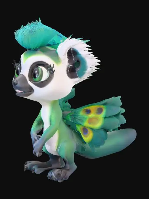 3D model for  A playful peacock-lemur chibi vinyl figure. Large rounded peacock head with iridescent green-blue feather texture, lemur muzzle soft and gray with a small black nose. Ears large, rounded, and fluffy. Tail is a short lemur tail but patterned with eye-shaped peacock feather markings, curling behind in an S-shape. Wings tiny but bright turquoise with gold edging. Eyes big and emerald green with a slight sparkle. Standing with arms tucked in and head tilted mischievously. Base features a jungle floor with a small vine curling up the edge.